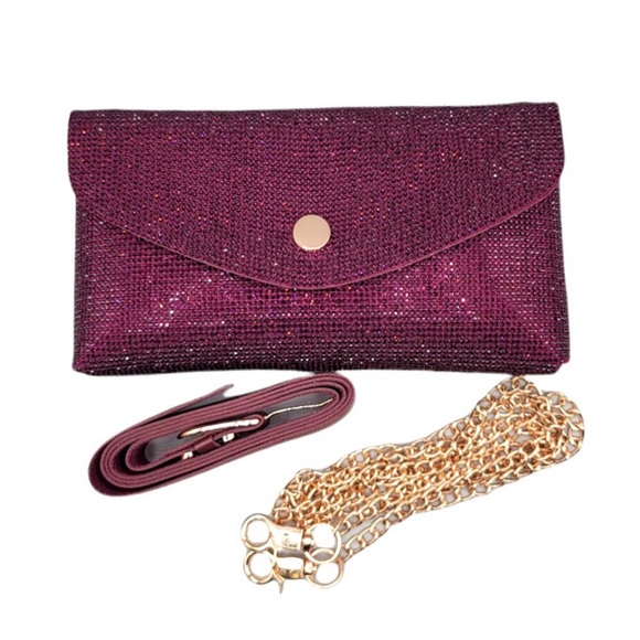Purple Rhinestone Pave Wallet on Chain Clutch / Fanny Pack / Crossbody Bag - Picture 2 of 3